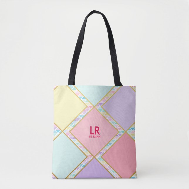 Modern Cute Pastel Geometric Gold Monogram Painted Tote Bag (Front)