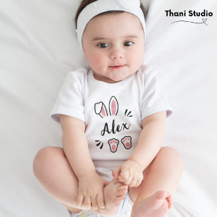 Modern Cute Pastel Pink Rabbit Customisable Name Baby Bodysuit
