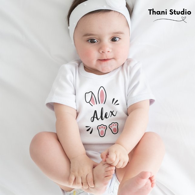 Modern Cute Pastel Pink Rabbit Customisable Name Baby Bodysuit (Creator Uploaded)