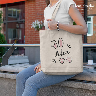 Modern Cute Pastel Pink Rabbit Customisable Name Tote Bag