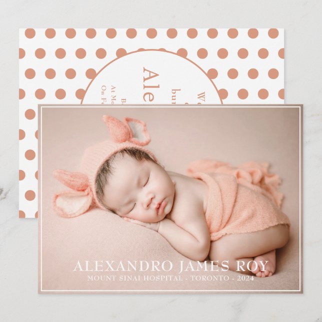 Modern Cute Peach Welcome Hello Baby Photo Birth Announcement (Front/Back)