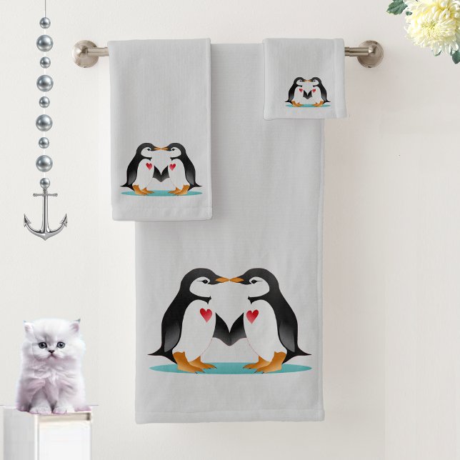 Modern Cute Penguin Couple on Light Grey Bath Towel Set (Creator Uploaded)