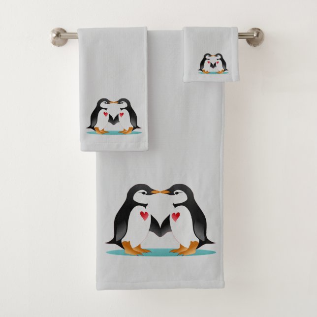 Modern Cute Penguin Couple on Light Grey Bath Towel Set (Insitu)