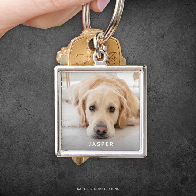 Modern Cute Pet Name Dog Photo Key Ring (Small premium square keychain is shown on image. Personalize and choose style and size)