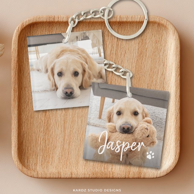 Modern Cute Pet Name Two Photo Key Ring (Squared acrylic keychain shown, personalize with two photos and your pet's name.)