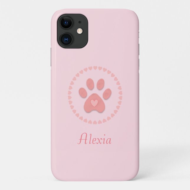 Modern Cute Pet Paw with Hearts on Pink Case-Mate iPhone Case (Back)