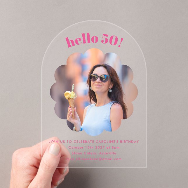Modern Cute Pink 50th Birthday Party Photo Arch Acrylic Invitations (Insitu (Handheld))