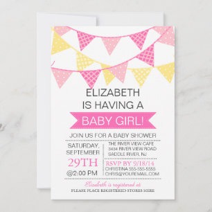 Modern Cute Pink Bunting GIRLS Baby Shower Invitation