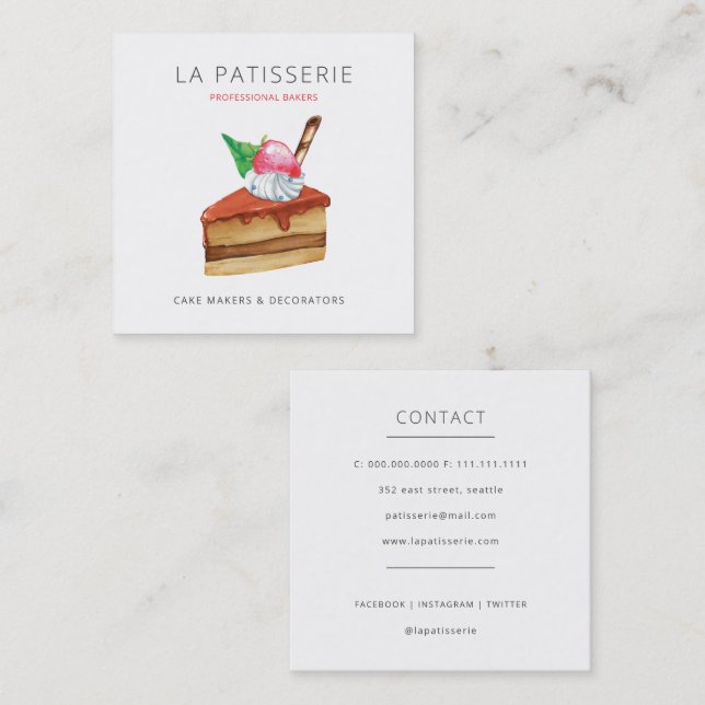 Modern Cute Pink Cheesecake Bakery Pastry Chef Square Business Card (Front/Back)