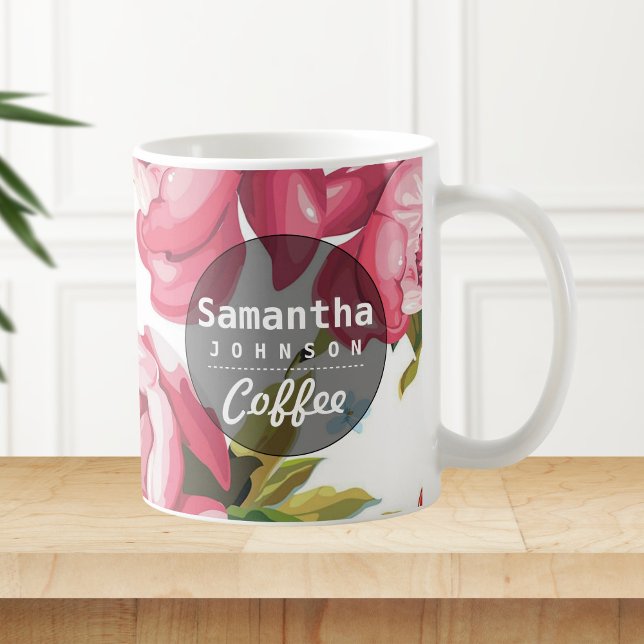 Modern Cute Pink Floral Personalised Name Coffee Mug (Creator Uploaded)