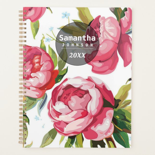 Modern Cute Pink Floral Personalised Name Planner (Front)