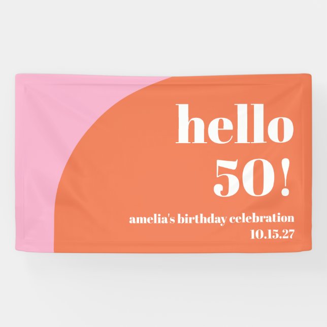 Modern Cute Pink Orange Arch 50th Birthday Custom  Banner (Horizontal)