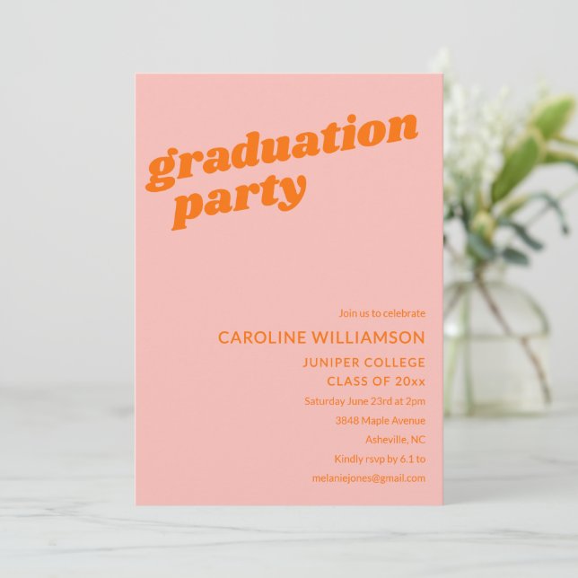 Modern Cute Pink Orange Retro Graduation Party Invitation (Standing Front)