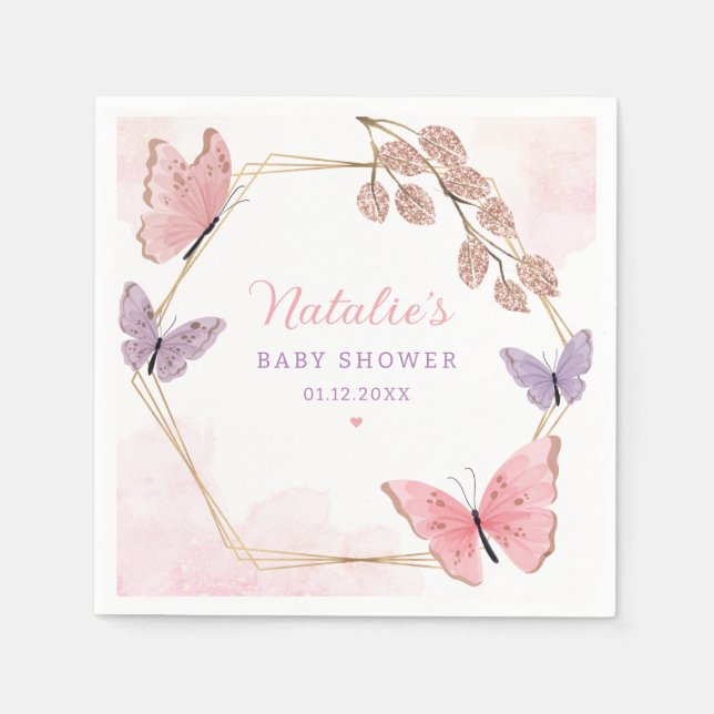 Modern Cute Pink Purple Butterfly Girl Baby Shower Napkin (Front)