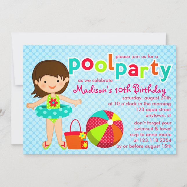 Modern Cute Pool Party Girls Birthday Invitation (Front)