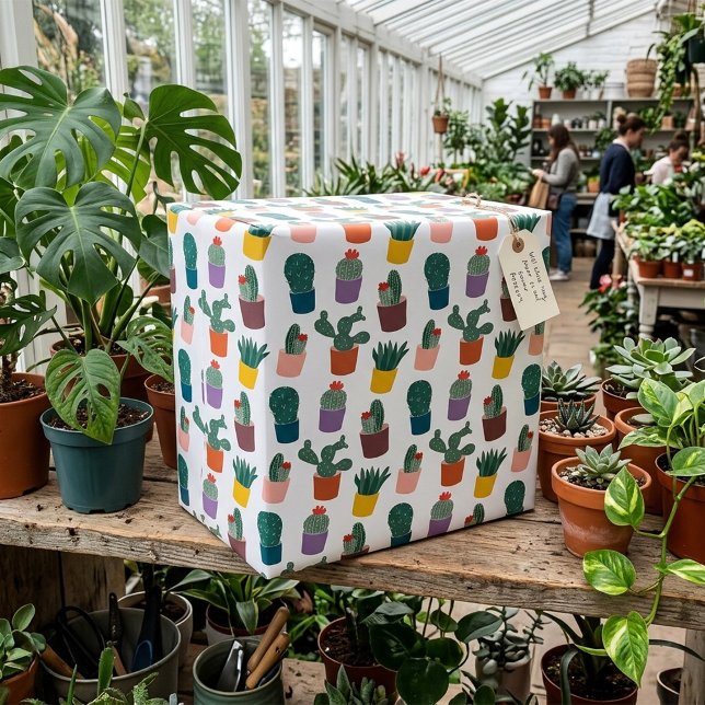 Modern Cute Potted Cactus Pattern White  Wrapping Paper (Creator Uploaded)