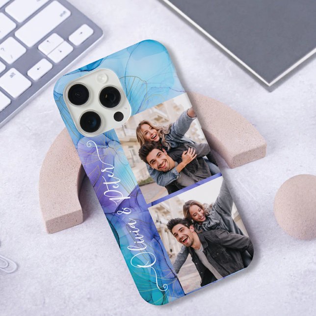 Modern cute Purple couple photos collage with name iPhone Case (Creator Uploaded)