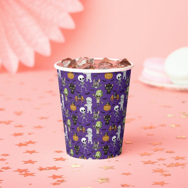 Modern Cute Purple Halloween Cartoon Pattern Kids Paper Cups (Insitu)