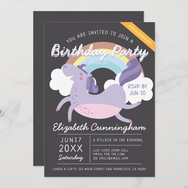 Modern Cute Rainbow Unicorn Virtual Birthday Party Invitation (Front/Back)