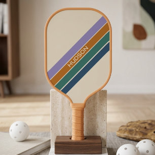Modern Cute Retro Stripes Monogram Pickleball Paddle