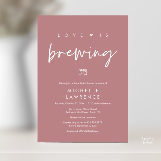 Modern Cute Romantic Beer Party Bridal Shower Invitation (Beer Party Bridal Shower, Love is brewing Invitation card modern romance dusty rose pink)