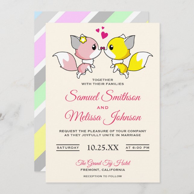 Modern Cute Romantic Fox Couple Wedding Invitation (Front/Back)