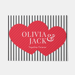 Modern Cute Rustic Two Hearts Black Line Valentine Doormat