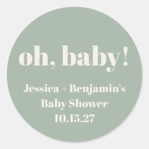 Modern Cute Sage Green Baby Shower Custom Name Classic Round Sticker