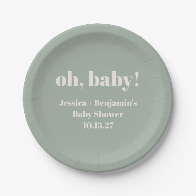 Modern Cute Sage Green Baby Shower Custom Name Paper Plate (Front)