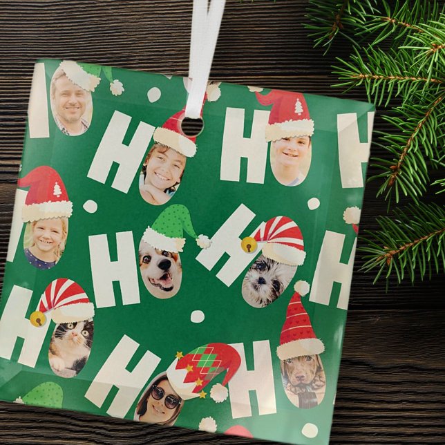 Modern Cute Santa Hats Nine Family Photos Glass Tree Decoration (Creator Uploaded)