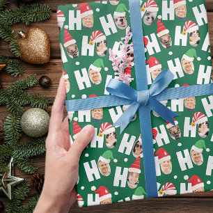 Modern Cute Santa Hats Nine Family Photos Wrapping Paper