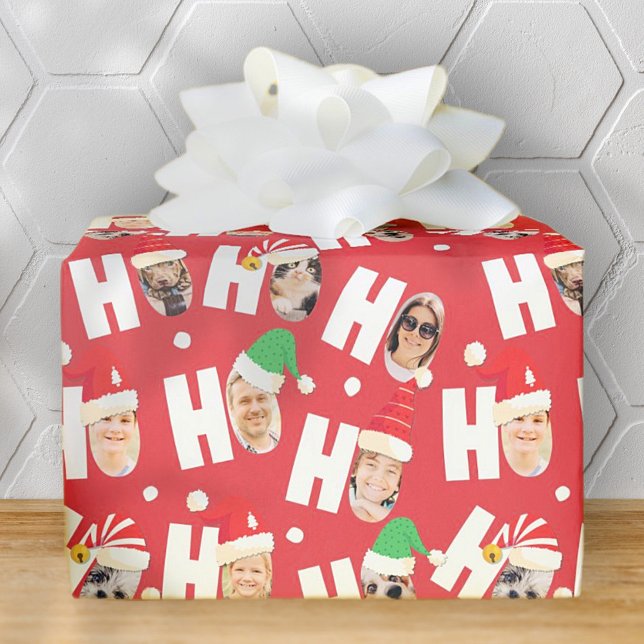 Modern Cute Santa Hats Nine Family Photos Wrapping Paper (Creator Uploaded)