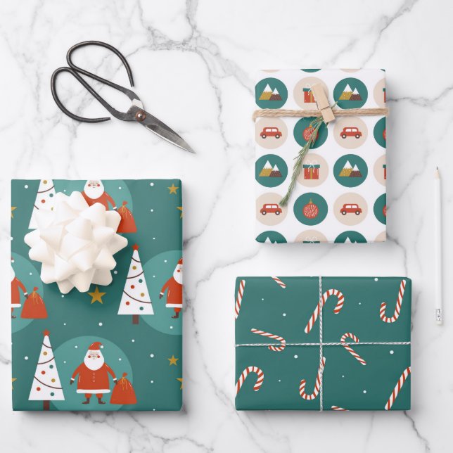 Modern Cute Santa on Christmas Eve Teal Wrapping Paper Sheet (Front)