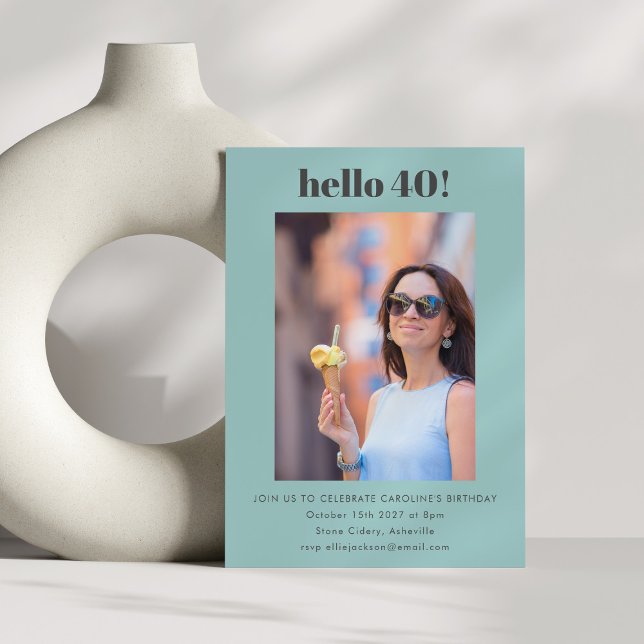 Modern Cute Simple Aqua 40th Birthday Party Photo Invitation (Creator Uploaded)