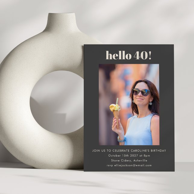 Modern Cute Simple Black 40th Birthday Party Photo Invitation (Creator Uploaded)