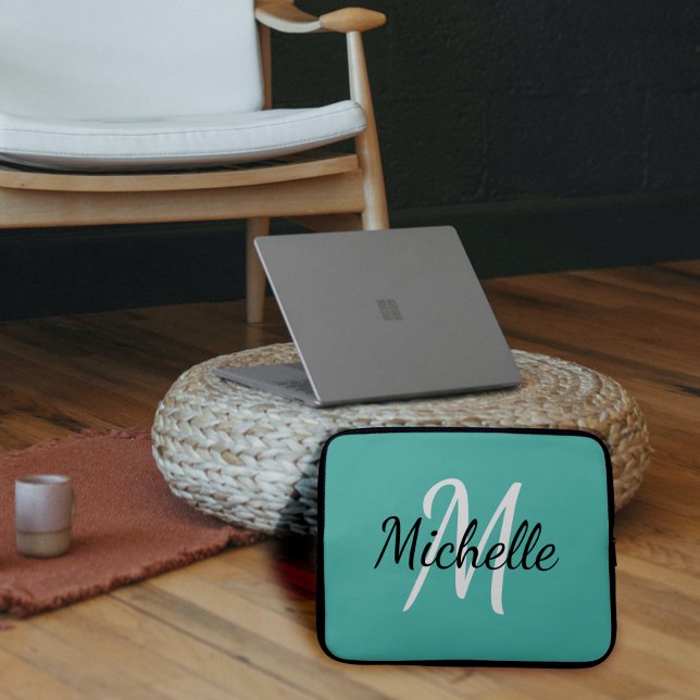 Modern Cute Simple Light Blue Monogram Laptop Sleeve (Creator Uploaded)