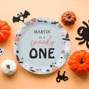 Modern Cute Spooky One Halloween Boy 1st Birthday Paper Plate