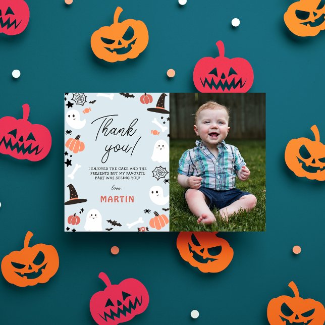 Modern Cute Spooky One Halloween Boy 1st Birthday Thank You Card (Creator Uploaded)
