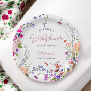 Modern Cute Spring Boho Wildflower First Birthday Paper Plate