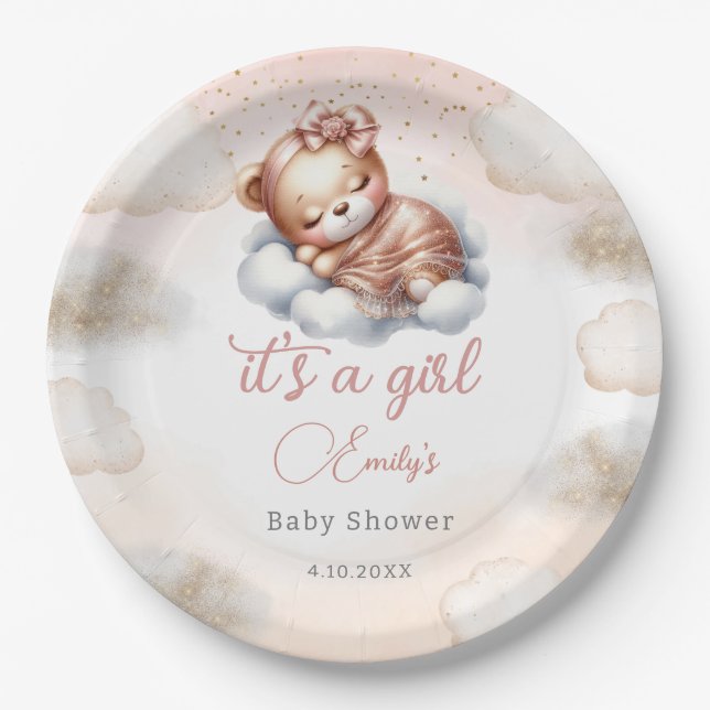 Modern cute teddy bear blush pink girl baby shower paper plate (Front)