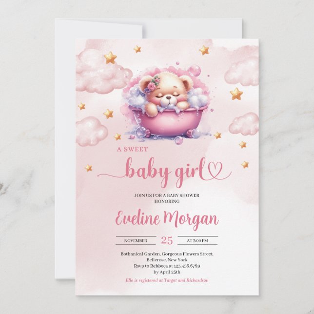 Modern cute teddy bear in bathtub girl baby shower invitation (Front)