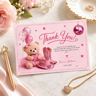 Modern Cute Teddy Bear Pink Girl Birthday  Thank You Card