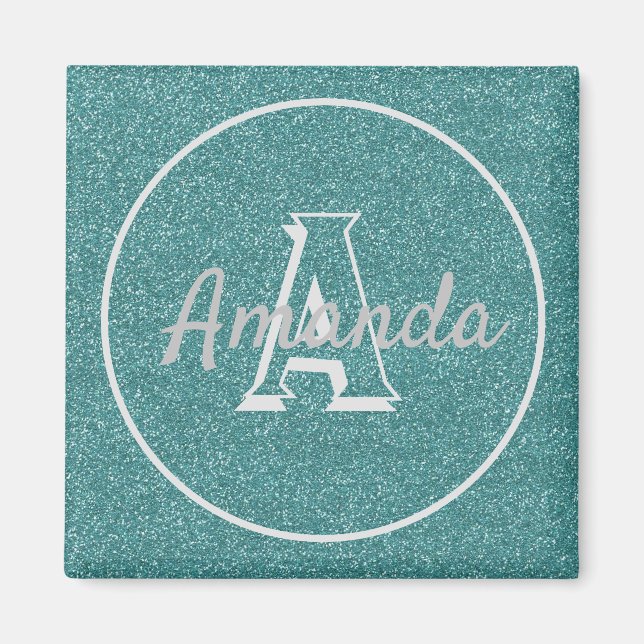 Modern Cute Trendy Teal Glitter Name Monogram Magn Magnet (Front)