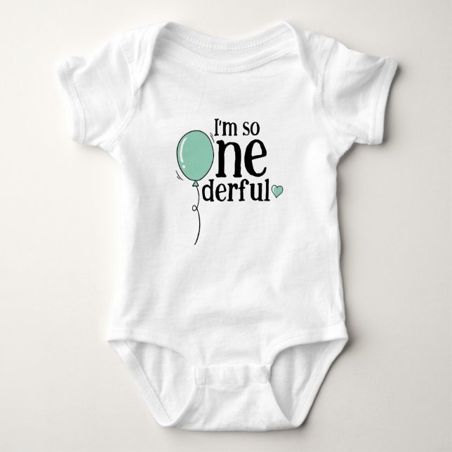 Modern Cute Turquoise Ballon Onederful Birthday Baby Bodysuit (Front)