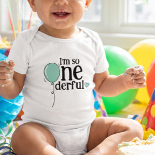 Modern Cute Turquoise Ballon Onederful Birthday Baby Bodysuit