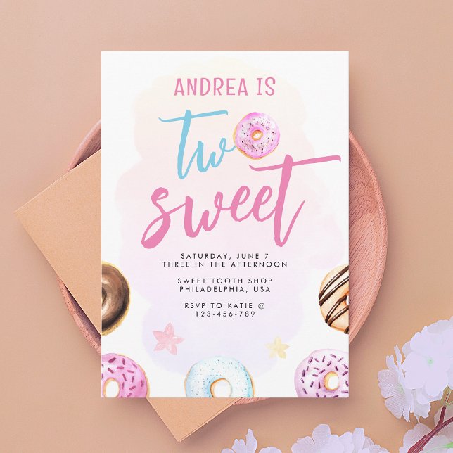 Modern Cute Two Sweet Doughnut Girl 2nd Birthday  Invitation (Creator Uploaded)