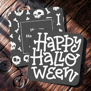 Modern Cute Typography White Skull Happy Halloween Card