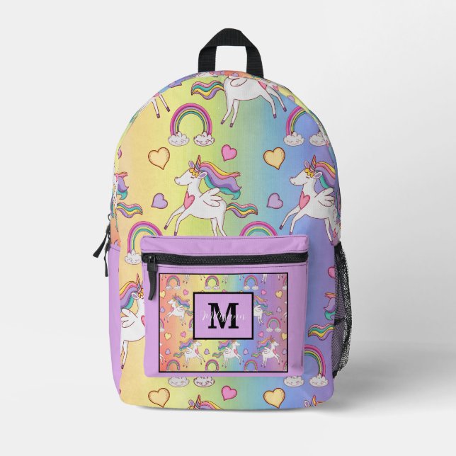 Modern Cute Unicorn and Rainbow Monogram Name Printed Backpack (Front)