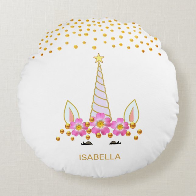 Modern, Cute Unicorn, Flowers & Gold Confetti Round Cushion (Front)