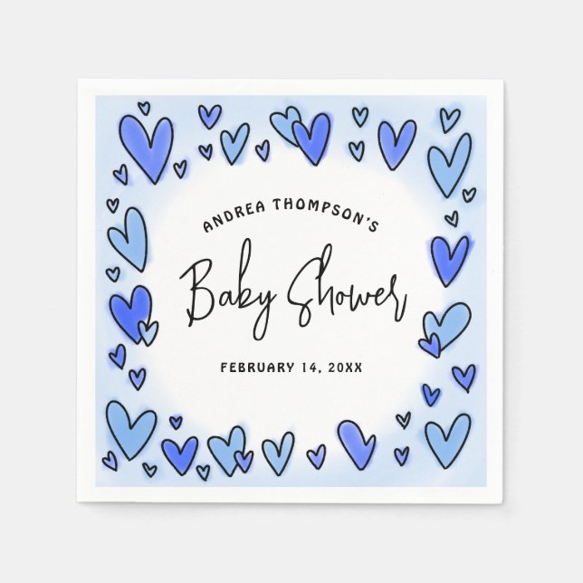 Modern Cute Valentine Blue Hearts Baby Shower Napkin (Front)